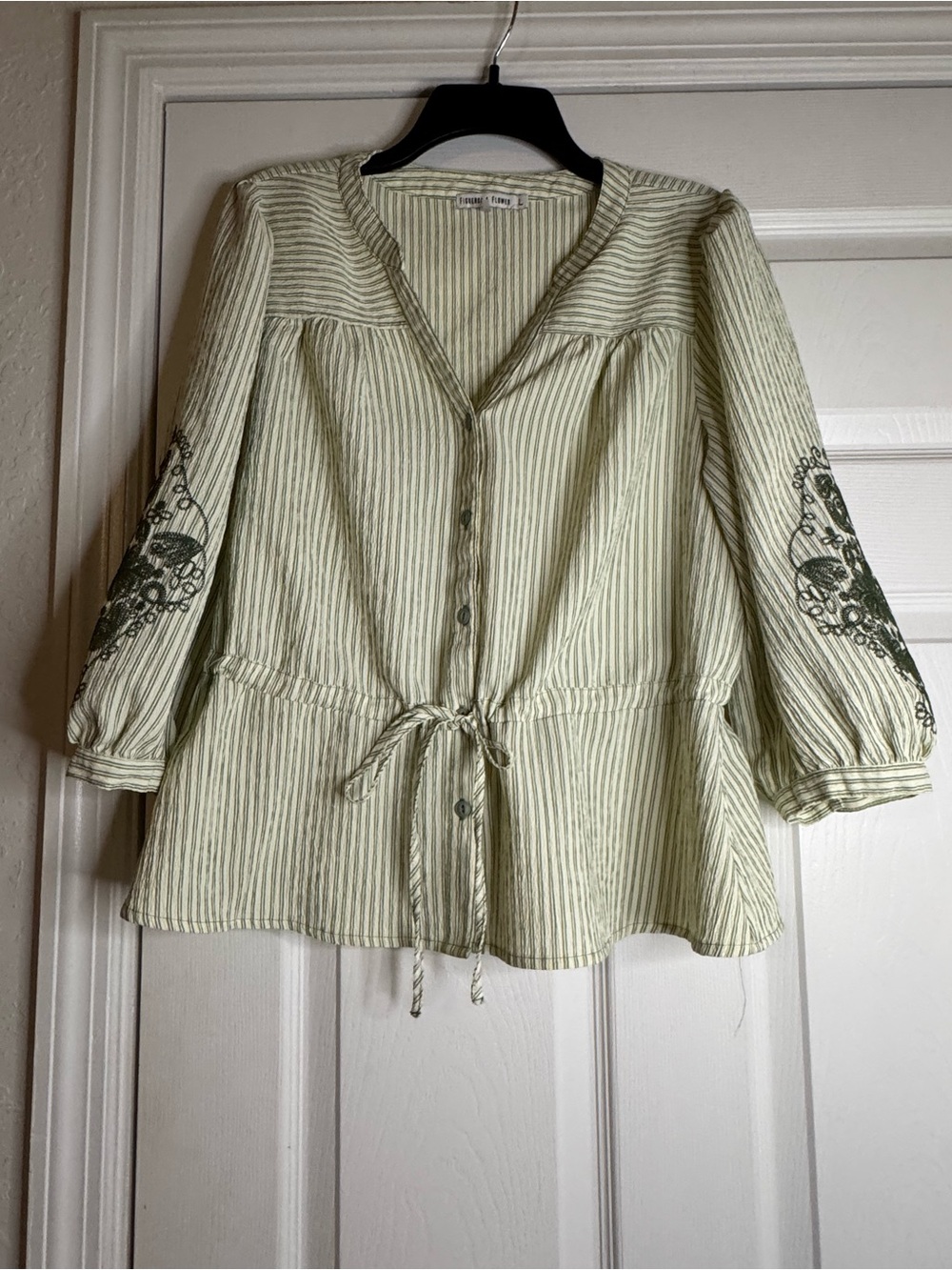 Women's Sage Striped Button-Front Drawstring Shirt